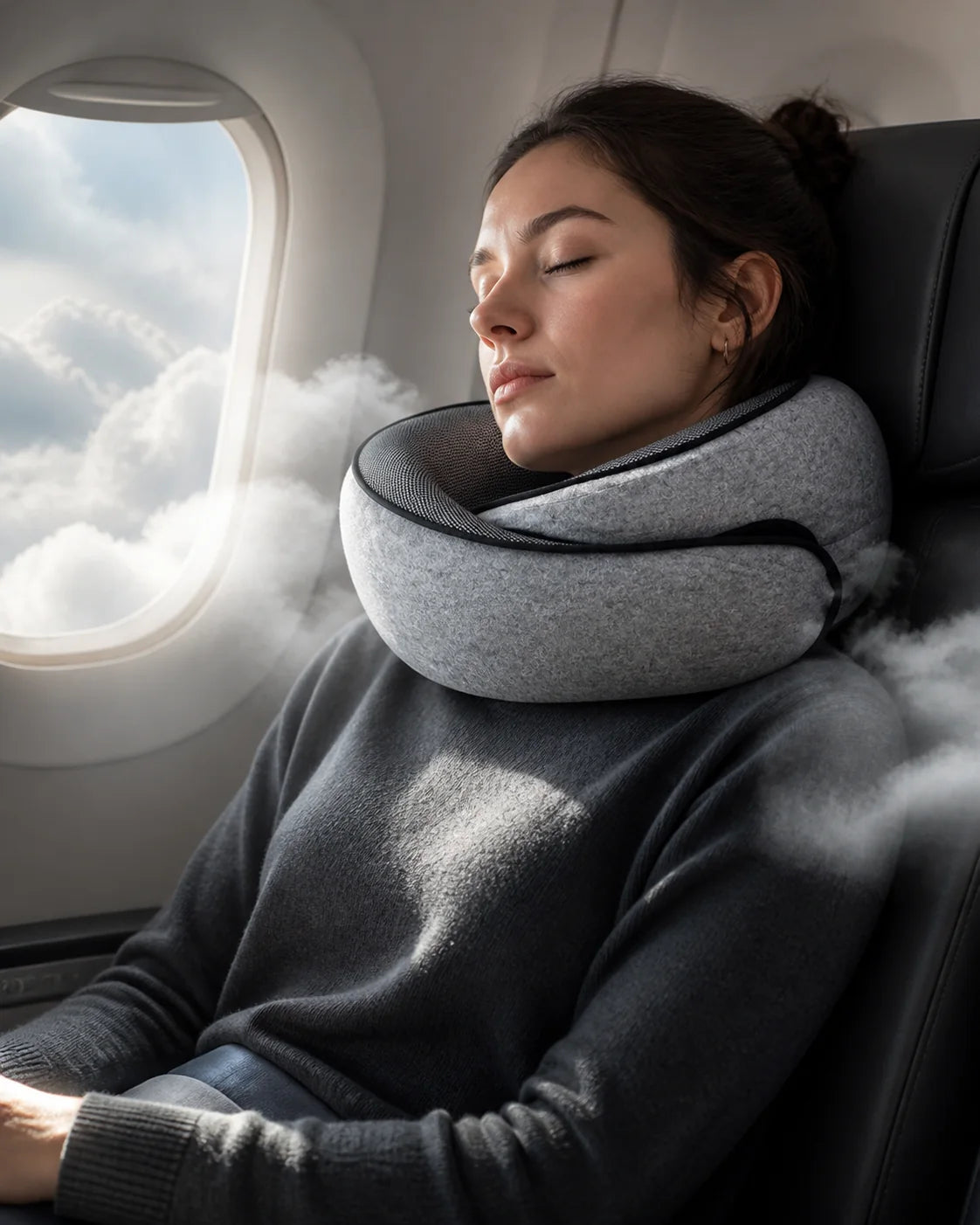 Traveler resting by an airplane window with a grey CloudNeck travel pillow