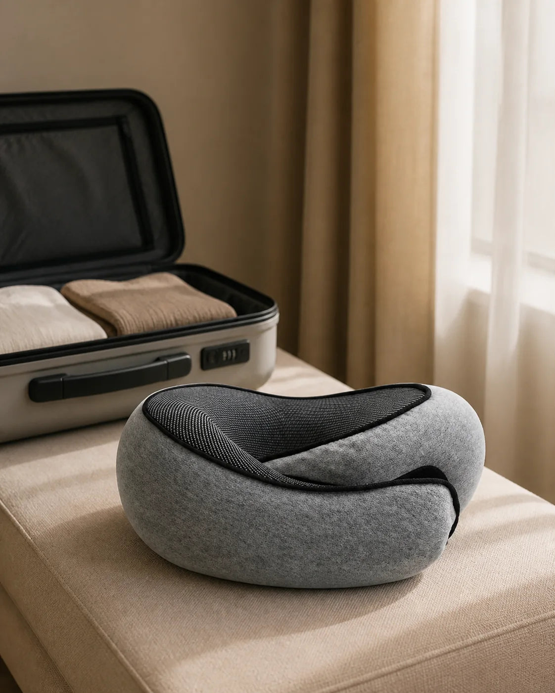 CloudNeck beside an open suitcase