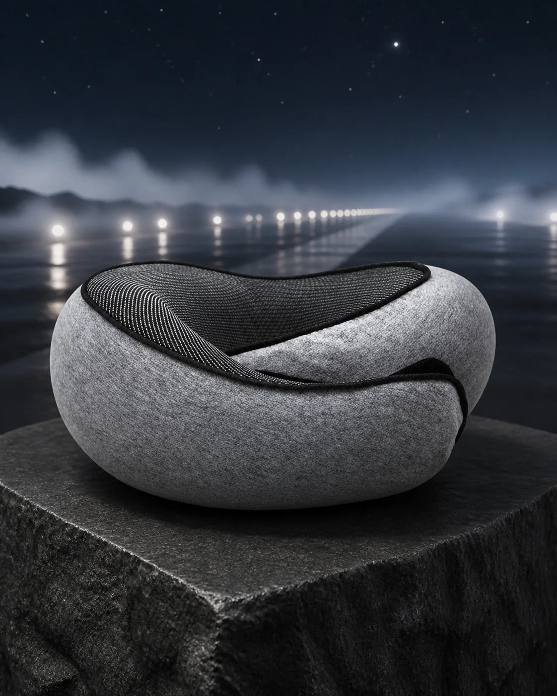 Grey CloudNeck travel pillow on a dark stone pedestal