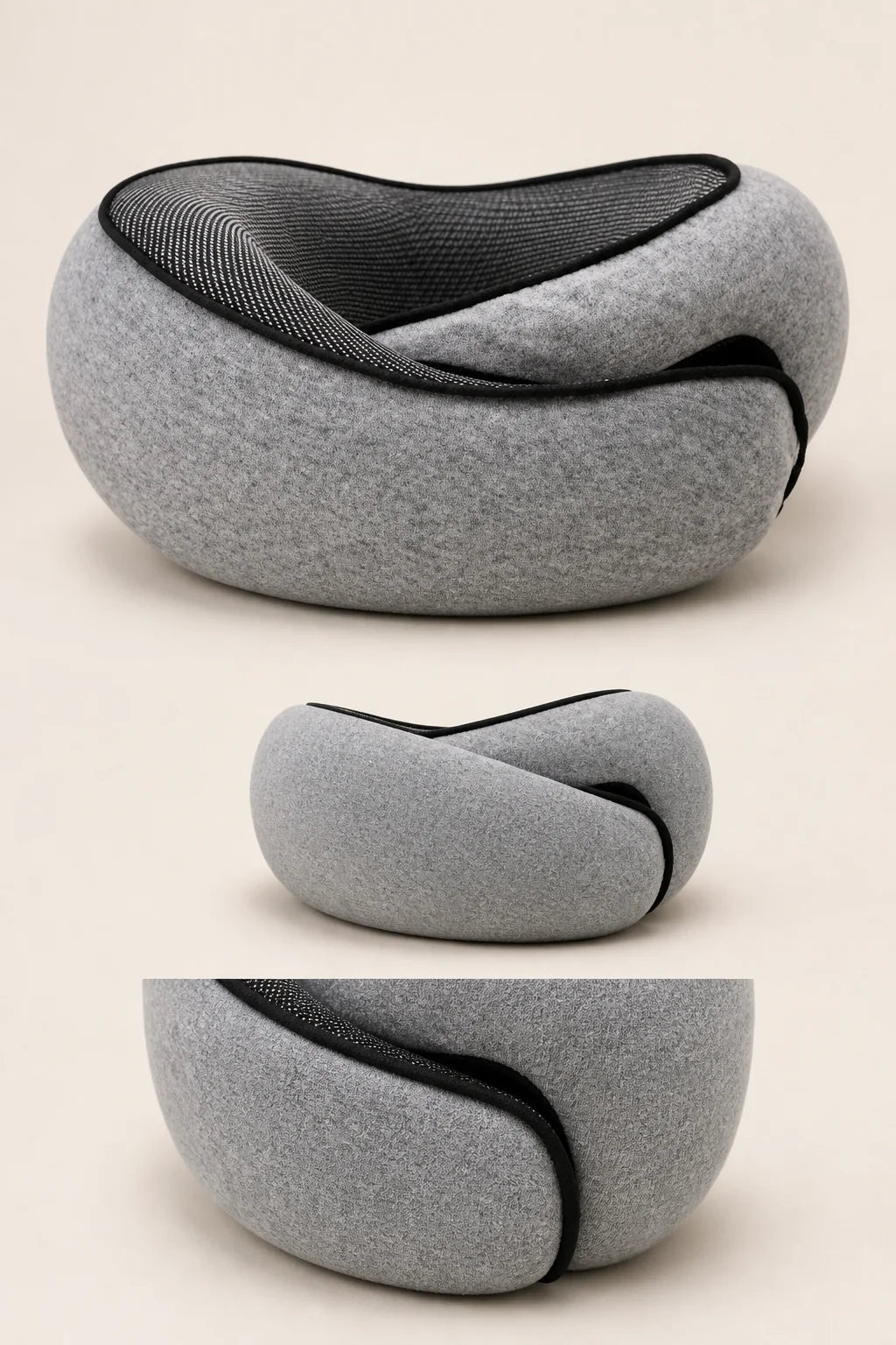 Three views of the grey CloudNeck travel pillow and its fabric closure