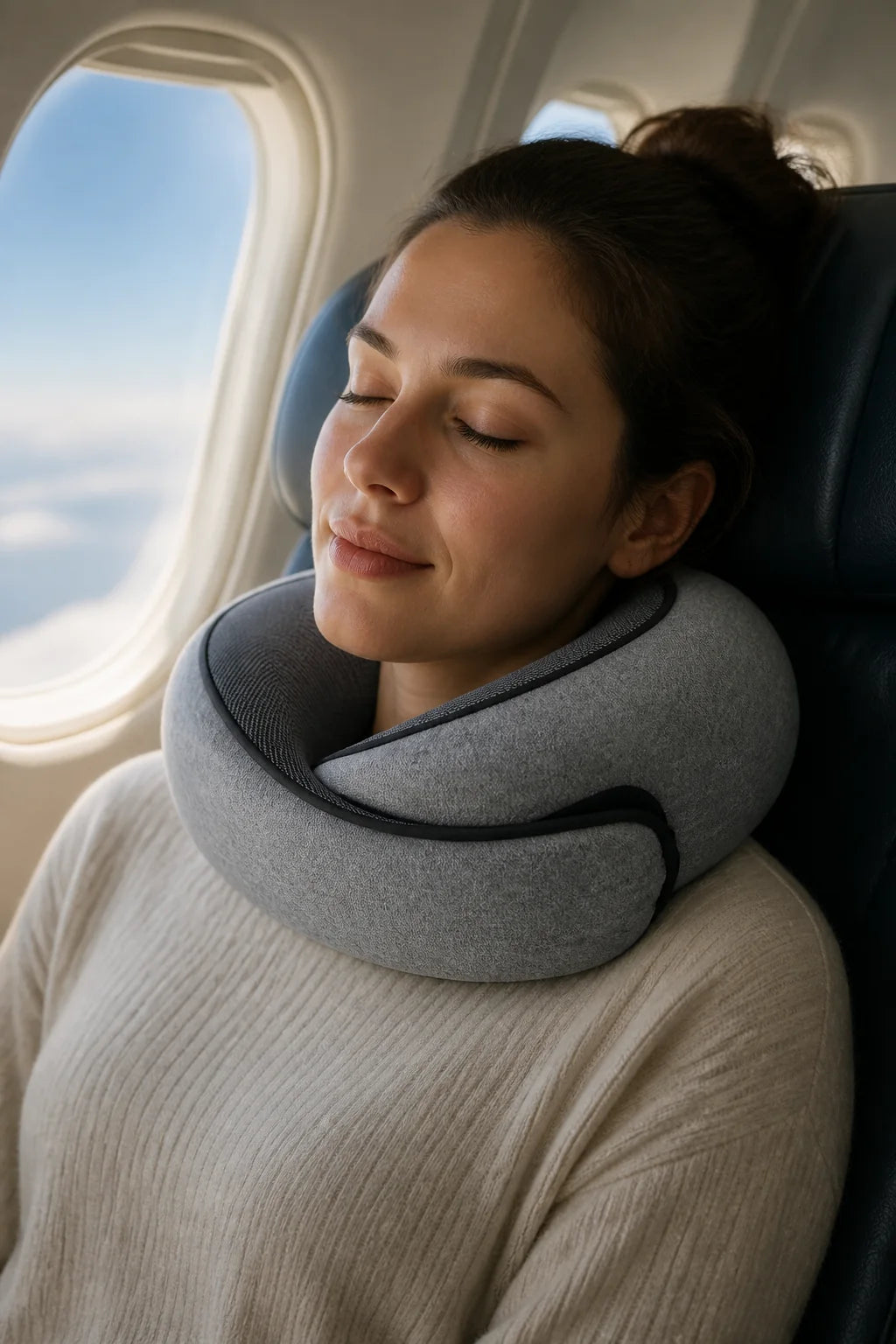 Traveler resting with CloudNeck on an airplane
